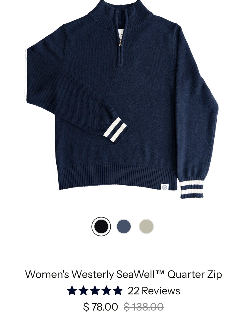 NWT Women's Long Wharf Supply
Co. Quarter Zip Sweater - Navy - Size Small